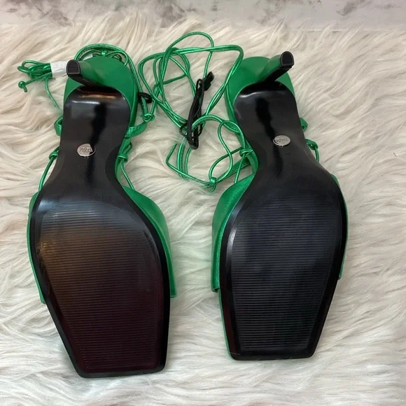 NWOT Zara Metallic Green Lace-up Leather Sandals, Size 7.5 - Picture 13 of 17